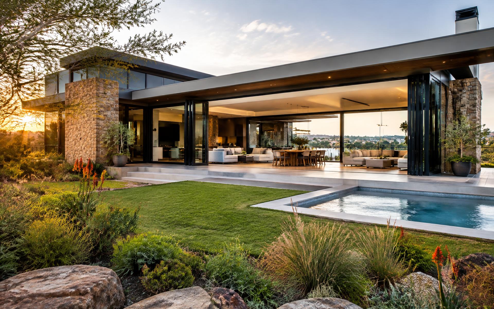 Modern home with full-height aluminium glazing and stacking doors